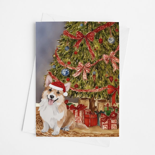 Corgi Watercolor Under the Christmas Tree Card (Creator Uploaded)
