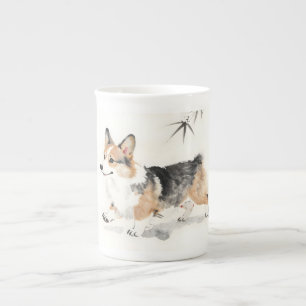 Corgi Watercolor – Whimsical Japanese Ink Dog Art Bone China Mug