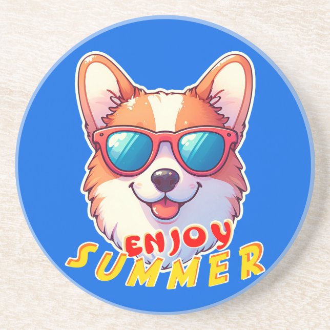 Corgi wears sunglasses Enjoy summer Coaster (Front)