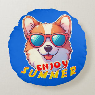 Corgi wears sunglasses Enjoy summer Round Pillow