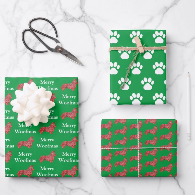 Corgi Welsh Dog Silhouette Green Merry Woofmas Wrapping Paper Sheet (Front)