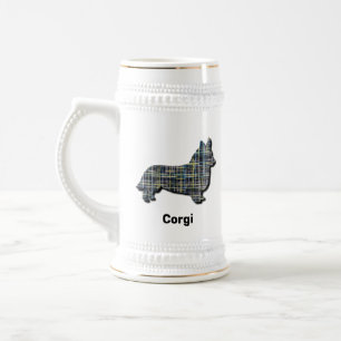 Corgi Welsh Dog Silhouette Yellow & Black Grid Beer Stein