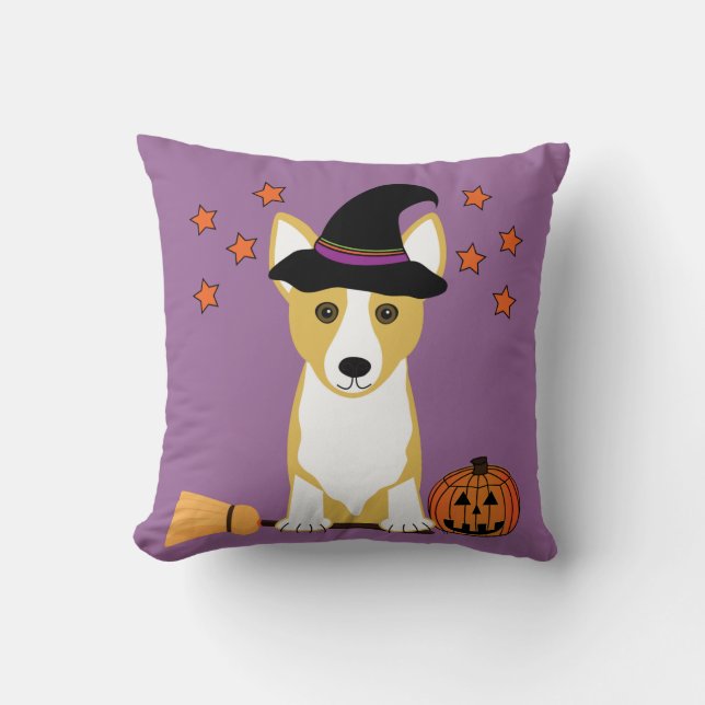 Corgi Witch Halloween Throw Pillow (Front)