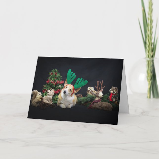 Corgi with Antlers and Woodland Friends Christmas Card (Front)