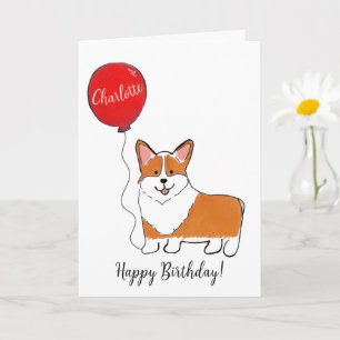 Corgi with balloon birthday card