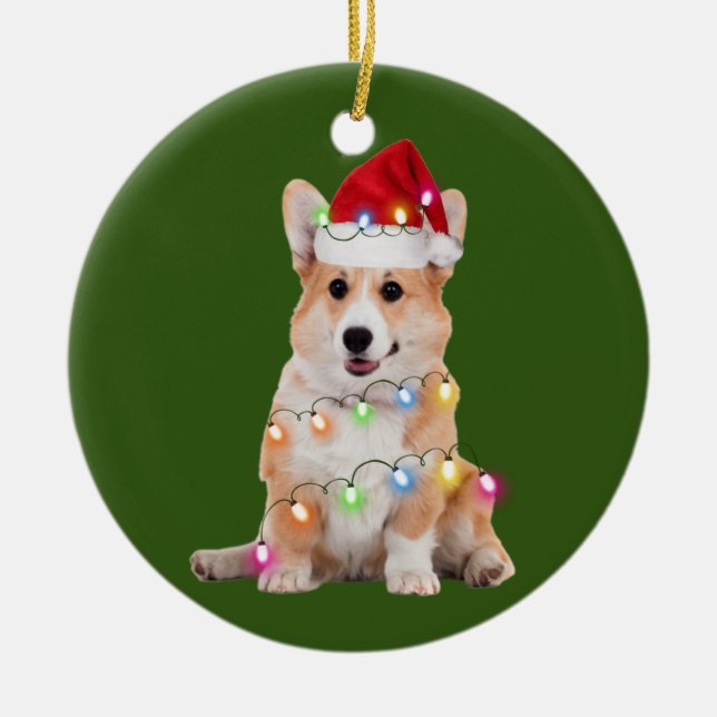 Corgi With Christmas Scafts Santa Hat Gift Ceramic Ornament (Front)