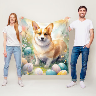 Corgi with Easter Eggs Holiday Fleece Blanket