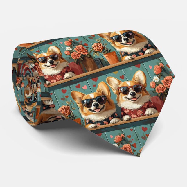 Corgi With Heart Roses Valentine's Day Tie (Rolled)