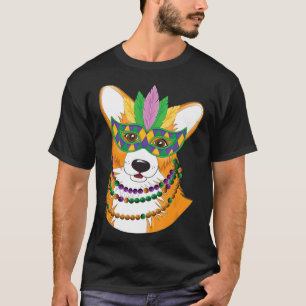 Corgi With Mardi Gras Beads Necklace Mask Dog T-Shirt