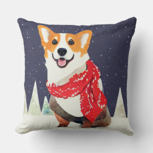 Corgi with Red-White Christmas Scarf Throw Pillow