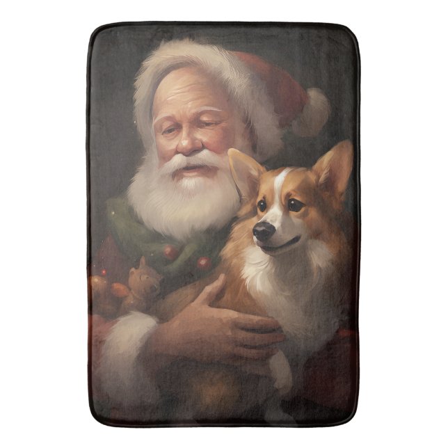 Corgi With Santa Claus Festive Christmas Bath Mat (Front Vertical)