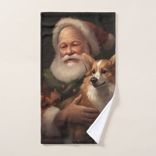 Corgi With Santa Claus Festive Christmas Bath Towel Set (Hand Towel)