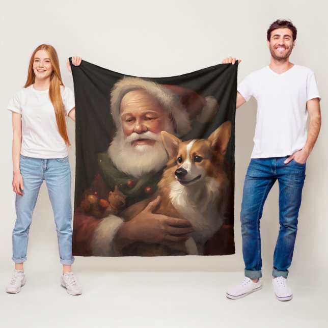 Corgi With Santa Claus Festive Christmas Fleece Blanket (In Situ)