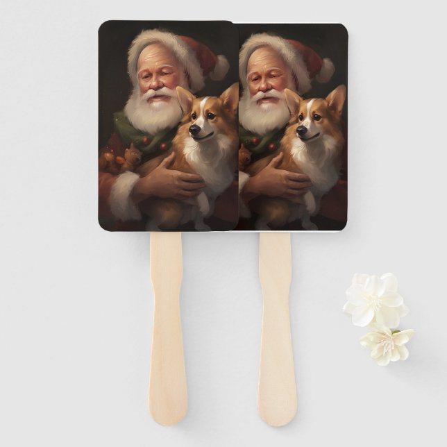Corgi With Santa Claus Festive Christmas Hand Fan (Front and Back)