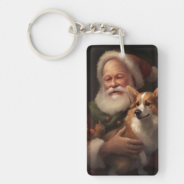 Corgi With Santa Claus Festive Christmas Keychain (Front)