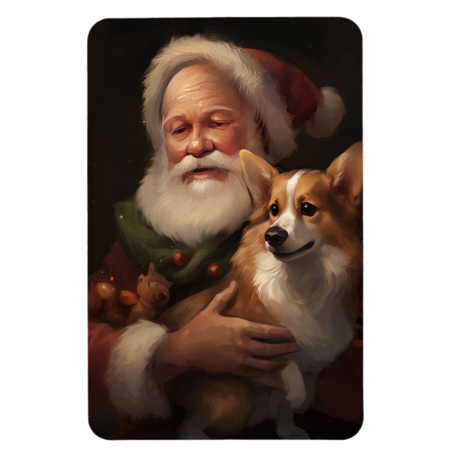Corgi With Santa Claus Festive Christmas Magnet (Vertical)