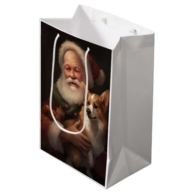 Corgi With Santa Claus Festive Christmas Medium Gift Bag (Front Angled)
