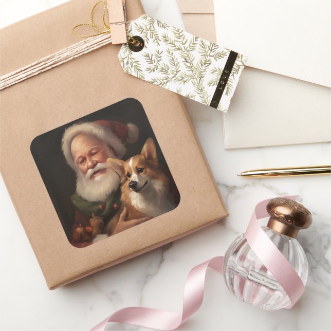 Corgi With Santa Claus Festive Christmas Square Sticker (Gifting)