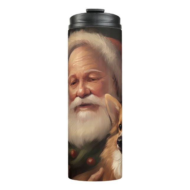 Corgi With Santa Claus Festive Christmas Thermal Tumbler (Front)