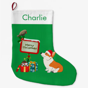 Corgi with Santa Hat Large Christmas Stocking