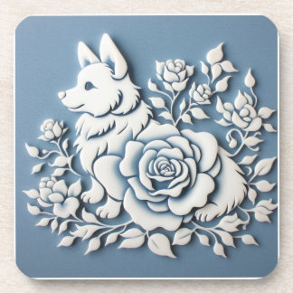 Corgi with white rose 3D design plastic coaster