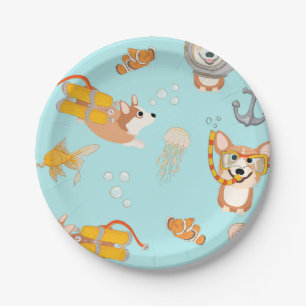 Corgis Are Diving In Ocean Pattern Paper Plate