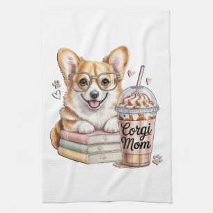 Corgis Books and Iced Coffee for Dog Kitchen Towel