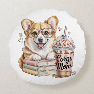Corgis Books and Iced Coffee for Dog Round Pillow