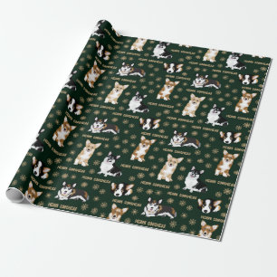 Corgis celebrate christmas- green pattern wrapping paper