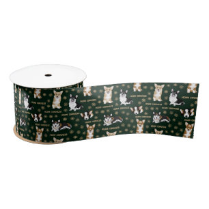 Corgis celebrate christmas- green pattern wrapping satin ribbon