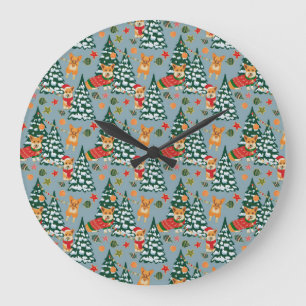 Corgis decorate the Christmas Tree in Forest Large Clock