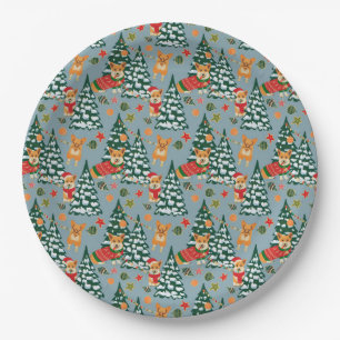 Corgis decorate the Christmas Tree in Forest Paper Plate