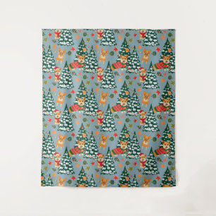 Corgis decorate the Christmas Tree in Forest Tapestry
