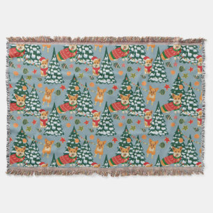 Corgis decorate the Christmas Tree in Forest Throw Blanket