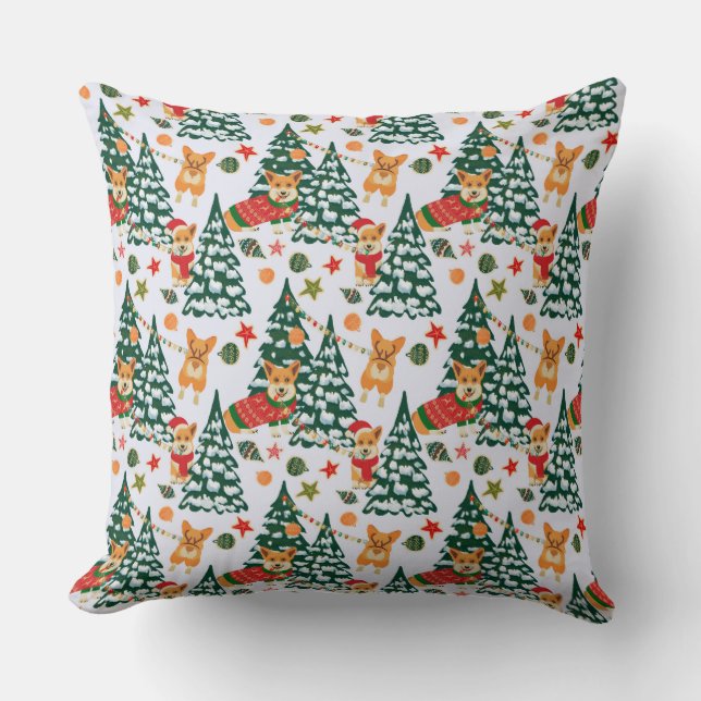 Corgis decorate the Christmas Tree -White Pattern Throw Pillow (Front)