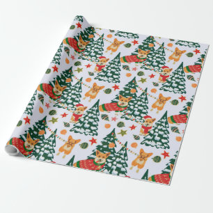 Corgis decorate the Christmas Tree -White Pattern Wrapping Paper