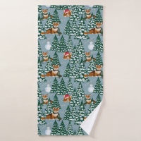 Corgis décorent l'arbre de Noël en bleu de la forê