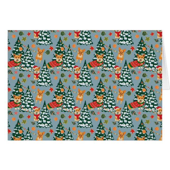 Corgis décorent l'arbre de Noël en forêt (Devant horizontal)