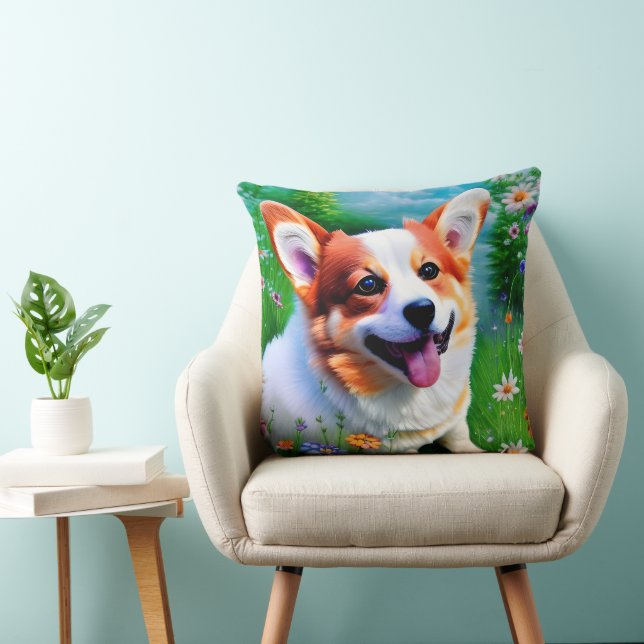 Corgi's Garden Throw Pillow (Chair)