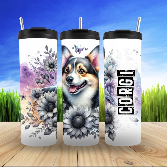 Corgi's Grayscale Floral Delight Thermal Tumbler (Creator Uploaded)