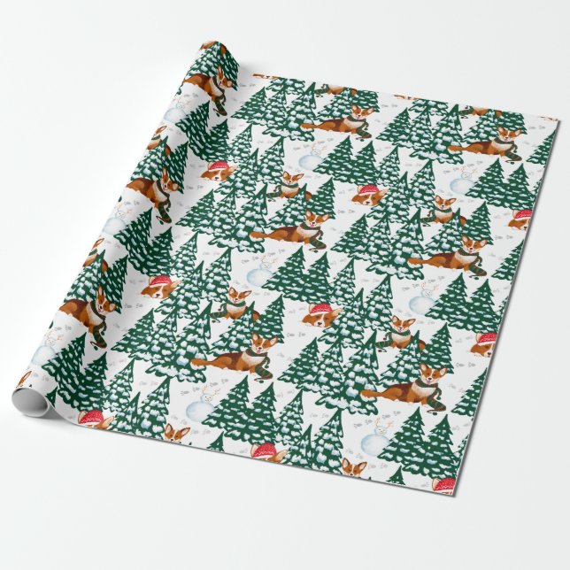 Corgis having fun in the winter forest - white wrapping paper (Unrolled)