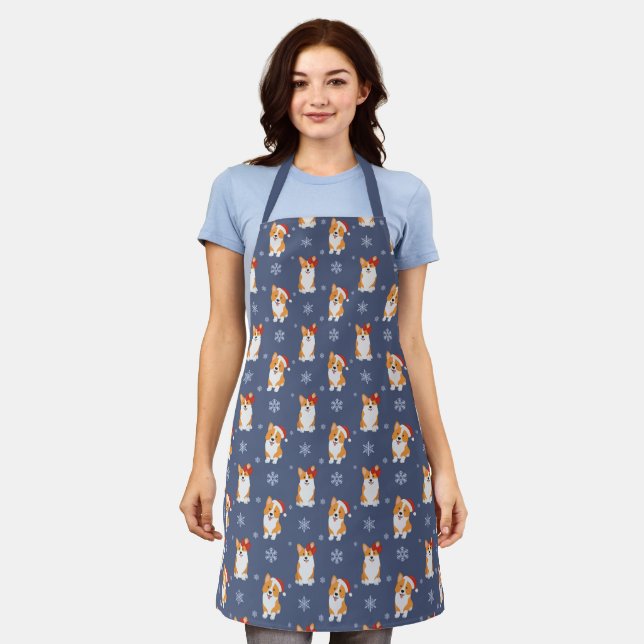 Corgis in Santa Hats and Snowflakes Pattern Apron (Worn)