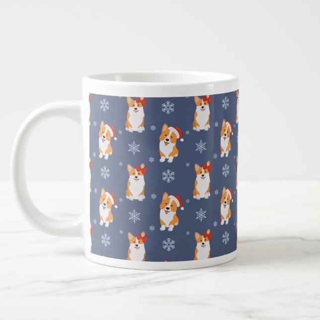 Corgis in Santa Hats and Snowflakes Pattern Large Coffee Mug (Left)