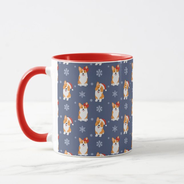 Corgis in Santa Hats and Snowflakes Pattern Mug (Left)