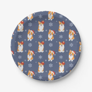 Corgis in Santa Hats and Snowflakes Pattern Paper Plate