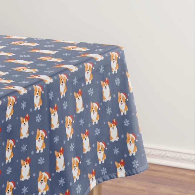 Corgis in Santa Hats and Snowflakes Pattern Tablecloth (In Situ)