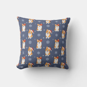 Corgis in Santa Hats and Snowflakes Pattern Throw Pillow