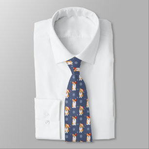 Corgis in Santa Hats and Snowflakes Pattern Tie