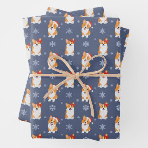 Corgis in Santa Hats and Snowflakes Pattern Wrapping Paper Sheet
