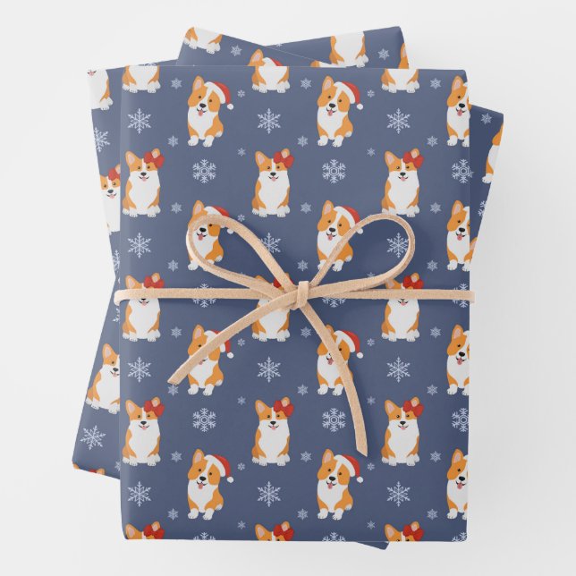 Corgis in Santa Hats and Snowflakes Pattern Wrapping Paper Sheet (In situ)